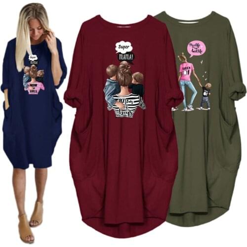 Dresses Woman Party Night Long Sleeve Super Mama Print Dress o Neck Pocket Casual Vintage Vestidos