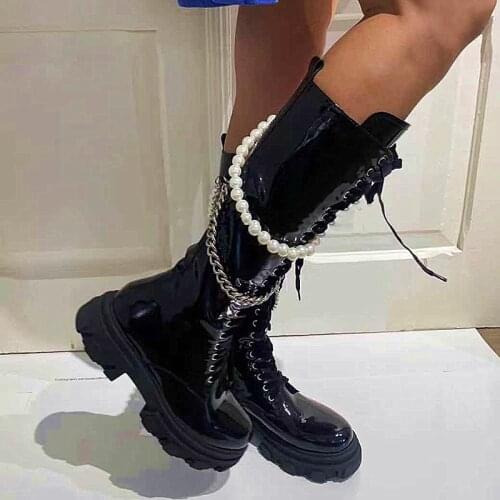 Knight Boots Women 2021 New Lace-Up Pearl Chain Plus Velvet Martin Boots Sexy Woman Platform High Boots Zipper Genuine Leather S