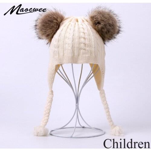 Children Winter Double Faux Fur Pom Pom Hat For Girls Boys Earflap Knitted Braid Beanies Caps Baby Outdoor Thick Warm Bonnet Cap