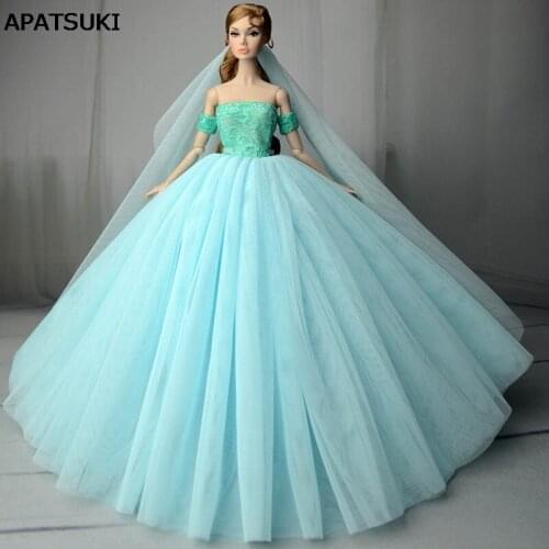 Blue Wedding Dress for Barbie Doll Clothes Princess Evening Dresses Party Gown Long Dress Outfits + Veil 1/6 Doll Accessories