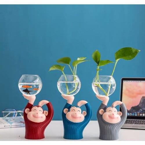 Flower Vase Decoracion Salon Casa Home Decor Gift Living Room Decoration Cute Cartoon Monkey Fish Tank Hydroponic Plant Vessel