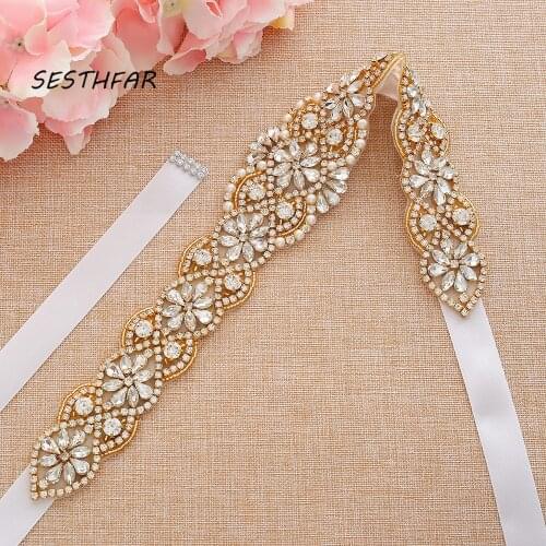 SESTHFAR Pearls Wedding Belt Rhinestones Bridal Belt Handmade Gold Crystal Belt For Wedding Dress