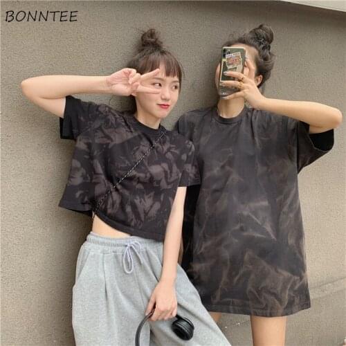 T-shirts Women Tie Dye Tops Tees Gothic Punk O-neck Short Sleeve Female Streetwear Casual Harajuku Summer Loose All-match Club