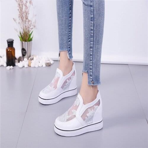 Mesh Hollow Silver Crystal Shoes Ladies Summer Hidden Wedge Breathable Sneakers Ladies Platform Shoes Woman ShoesPlatform Shoes
