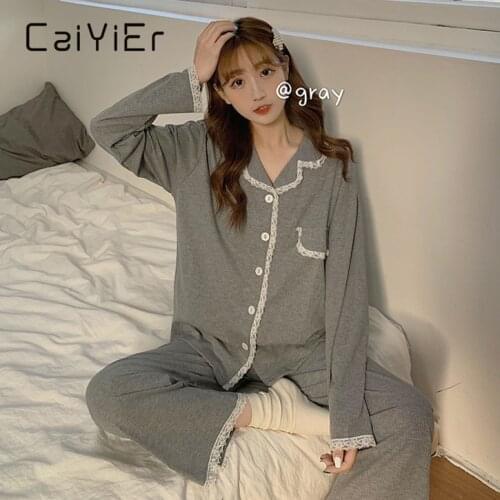 CAIYIER 2 Color 100% Cotton Women Pajamas Set Long Sleeve Winter Korean Sweet Sexy Lace Contracted Girl Sleepwear Home Clothing