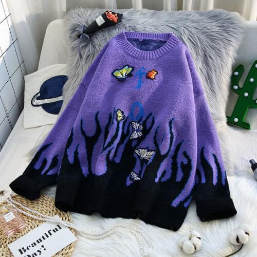 Woman Sweaters Oversize Flame Butterfly Embroidery Sweater Street Casual Pullover Letter Knitted Jacquard Jacket Women New 2021