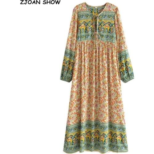 2021 Bohemia Lacing up V neck Hit color Flower Print Long Dress BOHO Woman Long Sleeve Tassel Strappy Holiday Dresses Beach