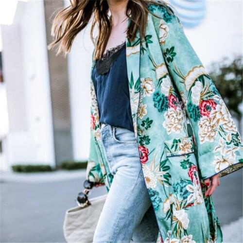 Plus Size S-3XL High Street Jacket Floral Printed Loose Coat Women Long Cardigan Boho Coat Casual Long Sleeve Jacket Blouses