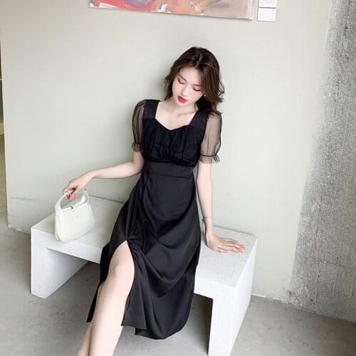 Midi Dress Women Korean Mesh Yarn Stitching Flared Sleeves Square Collar Solid Mid-length Dress 2021 Summer Black Split Dress