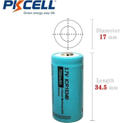 4PCS PKCELL 3.7V ICR16340 Rechargeable Batteries CR17345 17345 700mAh Li-ion Rechargeable Battery button top