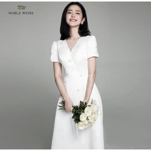 V-Neck Zipper Back A Line Floor-length Wedding Dresses Satin Bridal Dress With Short Sleeves