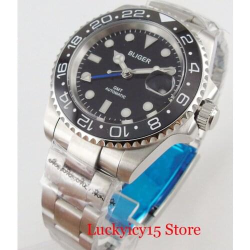 BLIGER Sapphire Glass Self Winding Men Watch 40mm Black Dial Blue GMT Hand MINGZHU 3804 Movement