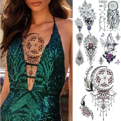 Large Henna Dreamcatcher Temporary Tattoos For Women Girls Realistic Geometric Moon Gem Fake Tattoo Sticker Large Chest Tatoos