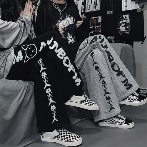 Cool Bone Fish Print Pants Girl Harajuku Autumn Trousers Female Streetwear Summer Spring Fashion Gray Gothic Sweatpants Women