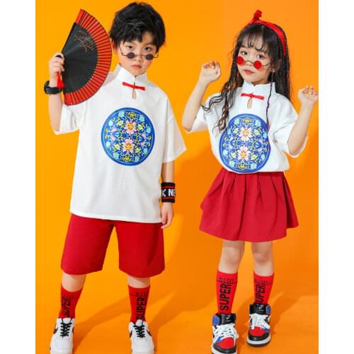 Childrens Chinese Style Sets Streetwear Casual Boys Girls Short Sleeve T-shirt Shorts Skirts Tracksuits for Kids Stage Clothing