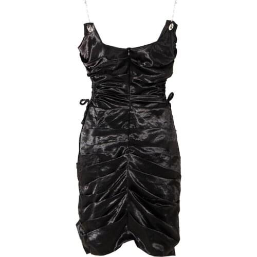 Club Street Black Satin Metal Chain Suspender Mini Bodycon Dress 2021 Summer Brand Metal Rivet Sexy Women Dress Party Clothes