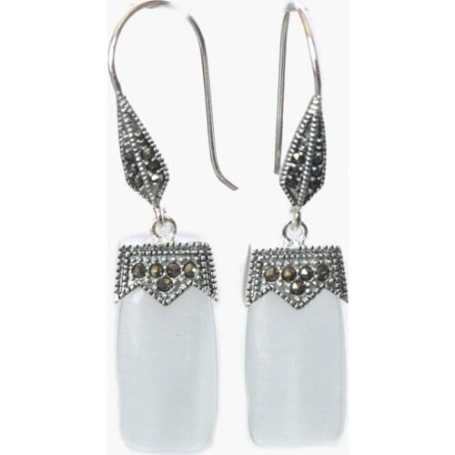 Hot Sell fashin design clear white opal 925 silver & macasite earrings 2"