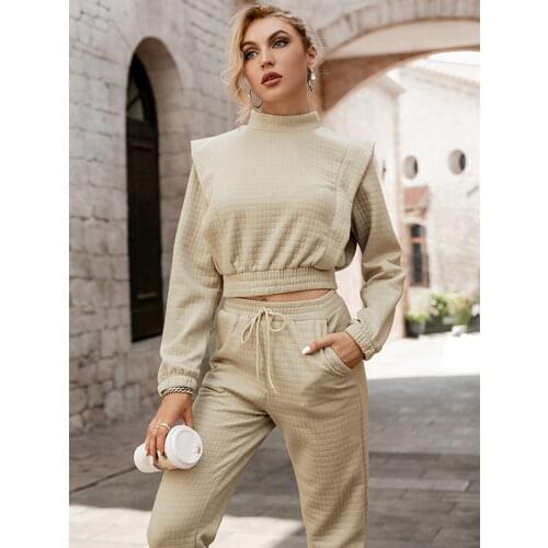 Simplee Two piece short women sweatshirt set autumn Elastic lace up cotton casual pants sets Fashion solid female tracksuits