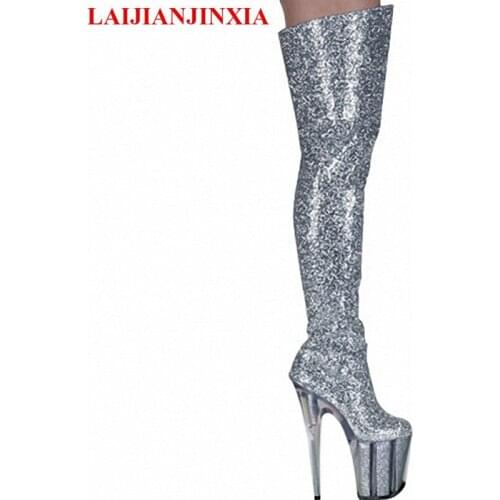 LAIJIANJINXIA 20CM Ultra High Heels Boots Barreled Platform PU Leather 10CM Platform Shoes Shining Silver Sexy Dance Shoes A-010