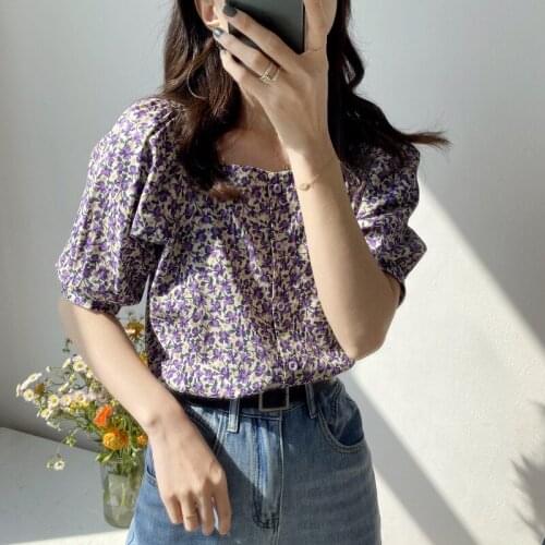 2020 Summer Square Neck Flower Print Short Sleeve Blouses Boho Shirt Tops For Women Blusas Roupa Feminina