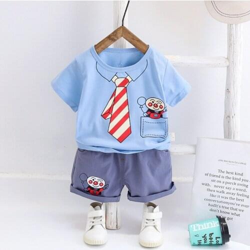 Two Piece Set Summer College Style Summer Toddler Boy Cartoon Clown Fake Tie Clothing Set Fashion Short Sleeve Shirt + Pants