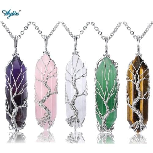 Ayliss New Handmade Copper Wire Wrapped Tree of Life Necklace Natural Crystal Pillar Pendant Gem Stones Pendant Necklace Jewelry