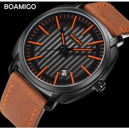 BOAMIGO Top Brand Luxury Quartz Watches Men Leather Strap 30M Waterproof Wristwatches Auto Date Relogio Masculino