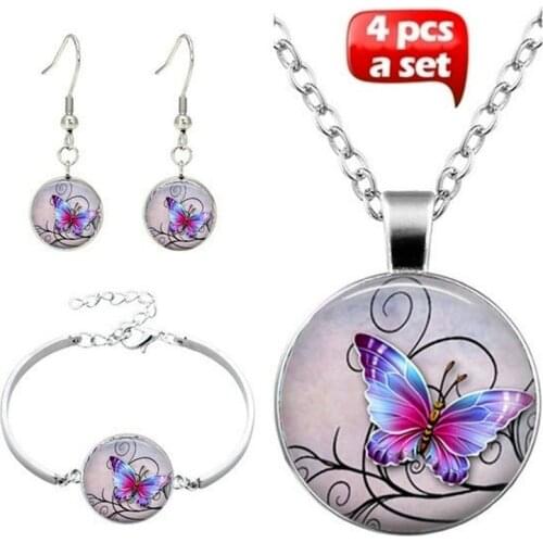 Fashionable Colorful Butterfly Jewelry Set, Necklace-earring-bracelet, Glass Alloy Pendant, Womens Jewelry Set Gift