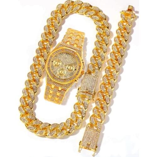 Men Watch Set Necklace+Watch+Bracelet HipHop Miami Cuban Chain Big Gold Chain Rhinestone Bling Luxury Iced Out Watch Men Jewelry