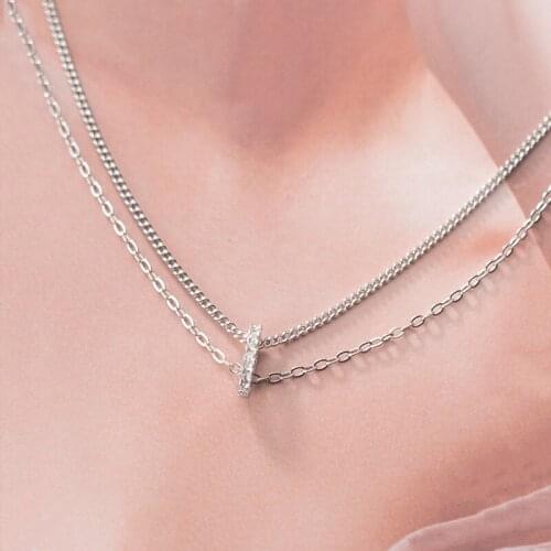 Real 925 Sterling Silver Zircon Round Double Chain Choker Necklace For Fashion Women Party Fine Jewelry Hiphop Accessories