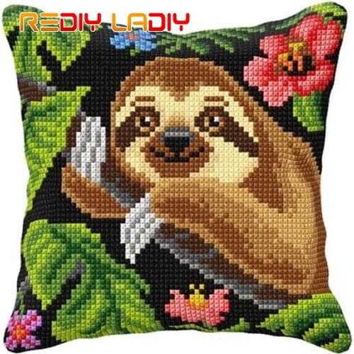 Cross Stitch Cushion Cover Sloth in a Tree Needlepoint Kits Printed Canvas Thick Yarn Cross-stitch Pillow Case Arts and Crafts