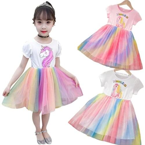 Girls Unicorn Dress New Summer Casual Party Dresses Kids Colorful Mesh Costumes Cute Vestidos Outfits Children Clothing 3-8 yrs
