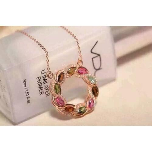 Natural multicolor tourmaline Necklace natural gemstone Pendant Necklace S925 silver Fashion Elegant Circle fire wheel Jewelry