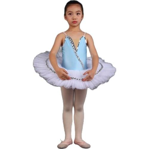 Sky Blue Spandex Bodice with White Pancake Tutu Performance Ballerina Dance Costume Girls Professional Tutu Dress PLL003
