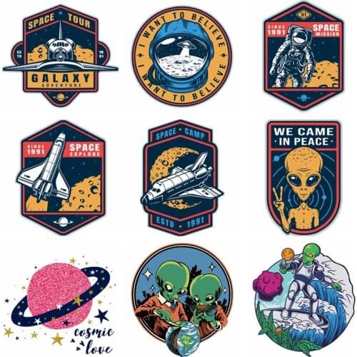 Pulaqi DIY Astronaut/Rocket Iron On Transfers For Clothes Heat Transfer UFO Ironing Stickers T-shirt Thermal Patches On Clothes