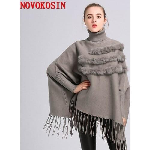 SC169 2018 Autumn Pullovers Fashion Women Loose Batwing Sleeves Poncho Winter Warm Knitted Patchwork Faux Fur Tassel Sweater