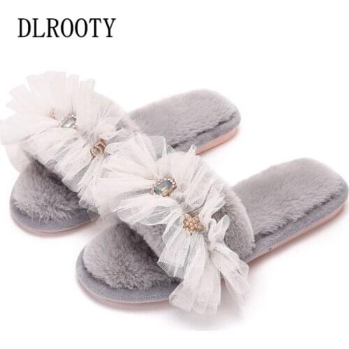 Women Flips Flops Winter Warm Fur Shoes Woman Slippers Fashion Lace Crystal Casual Platform Female Slides Non-slip Flat Home