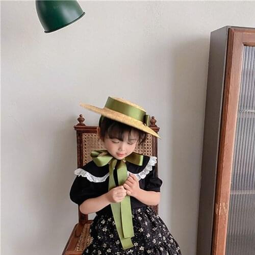 Childrens Cap Bow Wheat Straw Hat Green Ribbon Flat Top Sun Protection Caps Girl Summer Hat Wide Brim Beach Holiday Sun Hats