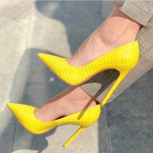 Sexy Python Stiletto Heels Pumps Pointed Toe Yellow Snakeskin Leather Shallow Dress Shoes 12CM Slip on Party Evening Shoes