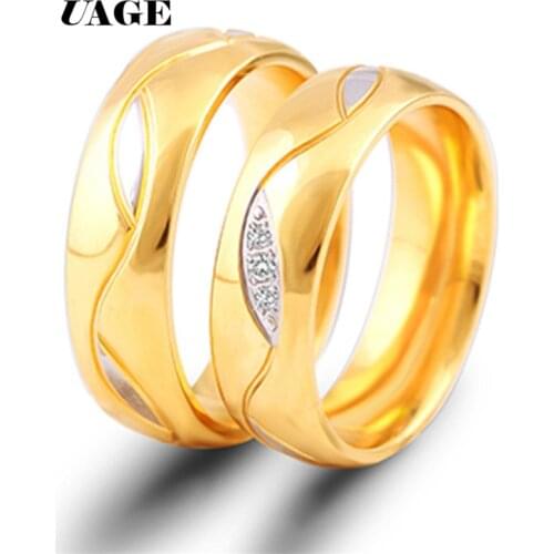 UAGE Meaeguet Classic Couple Rings For Lovers Cubic Zirconia Wedding Ring Gold-Color Stainless Steel Anel Jewelry