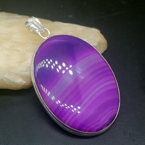 Gemstonefactory Jewelry Big Promotion 925 Silver Huge Oval Purple Botswana Agate Women Ladies Gifts Necklace Pendant 0535