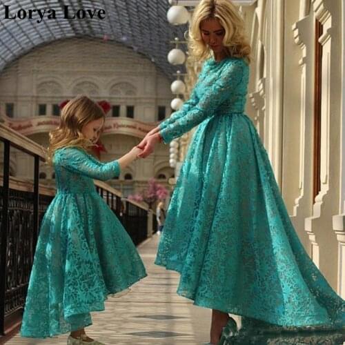 Green Prom Dresses 2020 Mother And Daughter Evening Gowns Muslim Short Front Long Back Lace Saudi Arabia Long Formal Party Dress