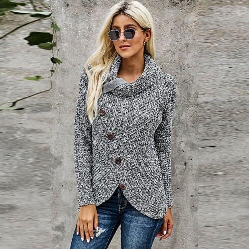 Womens Turtleneck Pullover Button Long Sleeve Irregular Casual Knitting Basic Turtleneck Top Female Comfy Tops Outfit New 2021