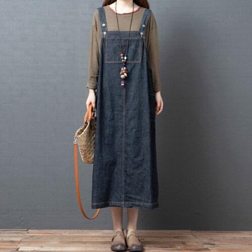 Johnature Spring Summer New Casual Jeans Dresses Women 2021 Sleeveless Denim Pockets Loose Female Dress(only Dress)