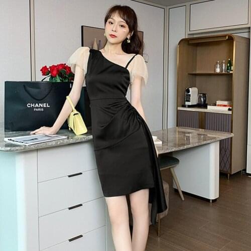 Fashion Korean Vintage Diagonal Collar Split Mini Party Club Dress Ladies Elegant Mesh Butterfly Sleeve Folds Satin Pencil Dress