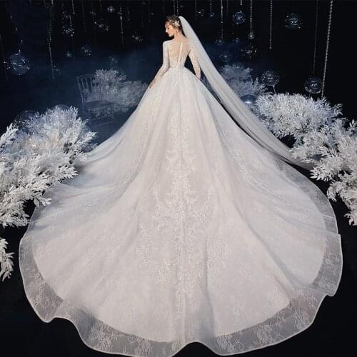 Fashion Elegant Lace Embroidery Long Sleeve Wedding Dress with Train Real Image Gown O Neck Beautiful Plus Size Vestido De Noiva