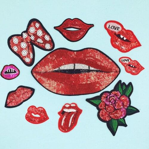 100pcs/lot Large Sequins Lips Bow Flower Embroidery Patches Clothing Decoration Backpack Sewing Iron Heat Transfer Applique