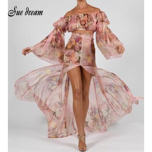 2021 New Summer Vintage Off Shoulder Printed Long Sleeves Mermaid 2 Piece Set Elegant Ruffle Fashion Lace Corset Club Outfit