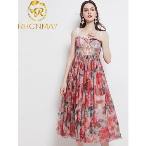 2021 Hot Designer Floral A Line Vintage Elegant Party Night Dress Spaghetti Strap Summer Sexy Goblincore Midi Dress Elbise Robes