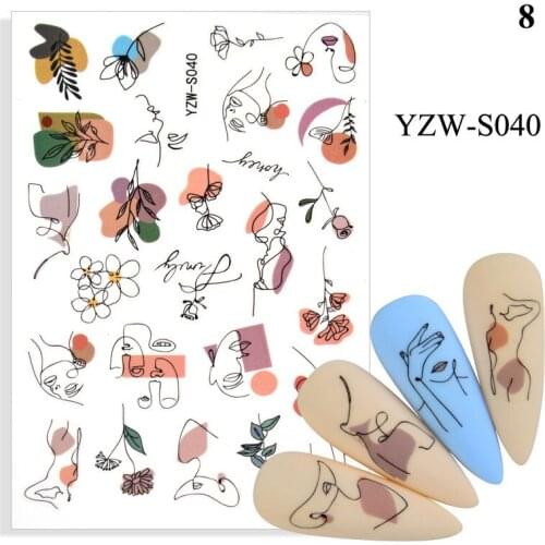 3D Nail Stickers Geometric Pattern Of Human Face Dried Flowers Set Of Sliders Nail Adhesive Stickers Nail Foils Nail Decorations